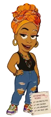 A stylized illustrated poster featuring two cartoon characters and text on a dark background. On the left is a woman with an orange headwrap, black top, ripped blue jeans, and colorful sneakers.
